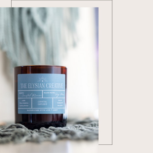 coastal breeze soy candle with sea shells and crystals