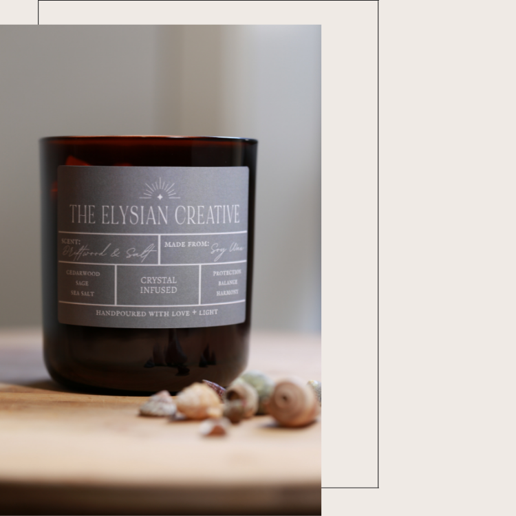 driftwood & salt soy candle with sea shell and crystals